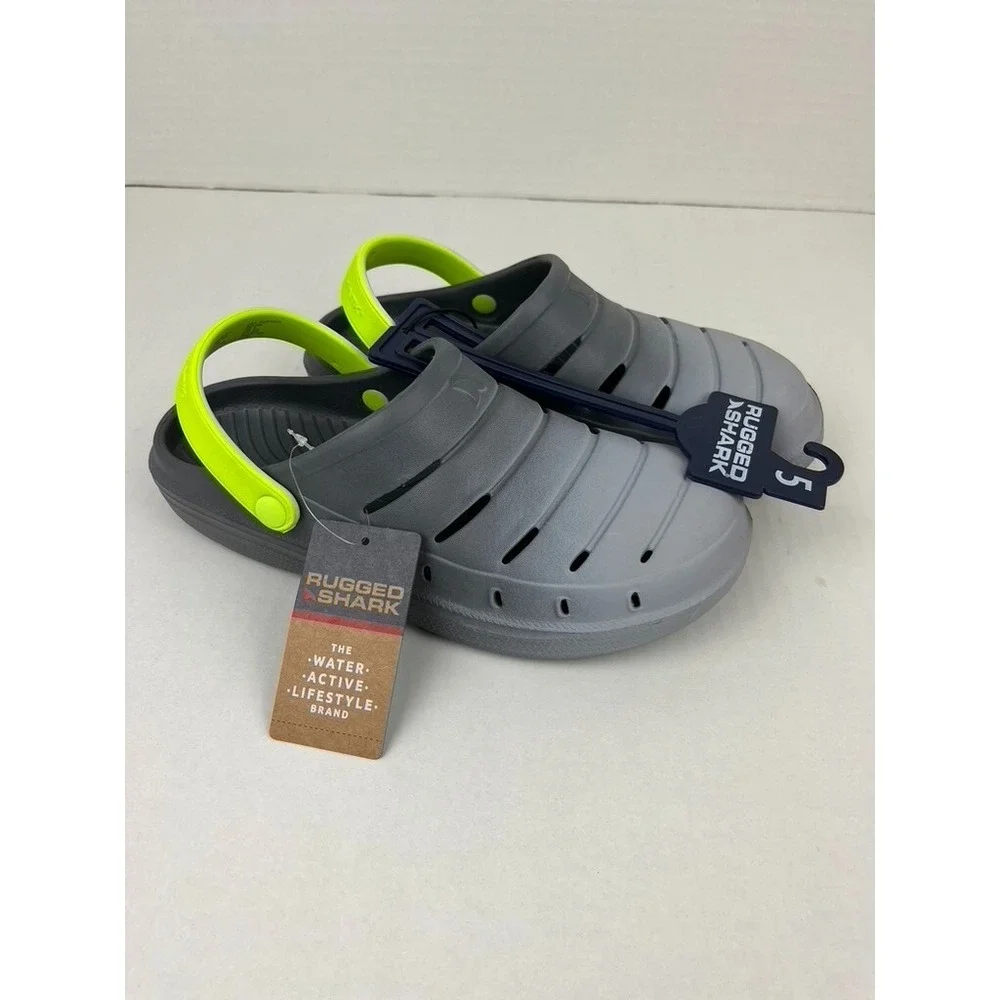 Rugged Shark Boy's Lite EVA Comfort Molded Gray & Green Back Trap Clogs Size 5